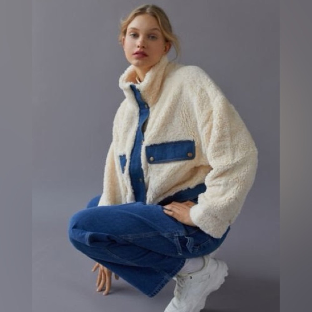 UO Cozy Sherpa Jacket with Denim Detail